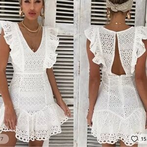 NWT Women’s Broderie Anglaise Cotton Ivory V neck Ruffled Dress Size S